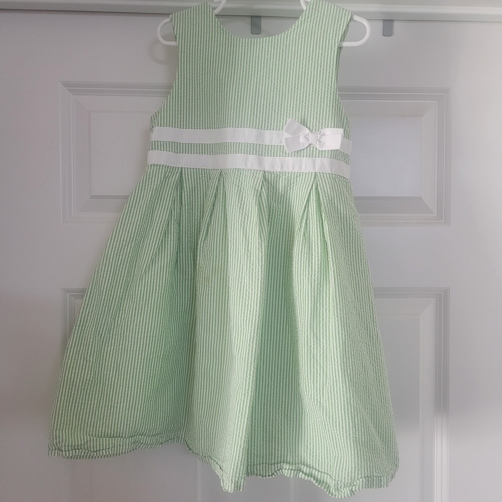 Girls Gymboree Green Seersucker Dress Sz 6 Crinoline Under Skirt Ribbon Bow EUC